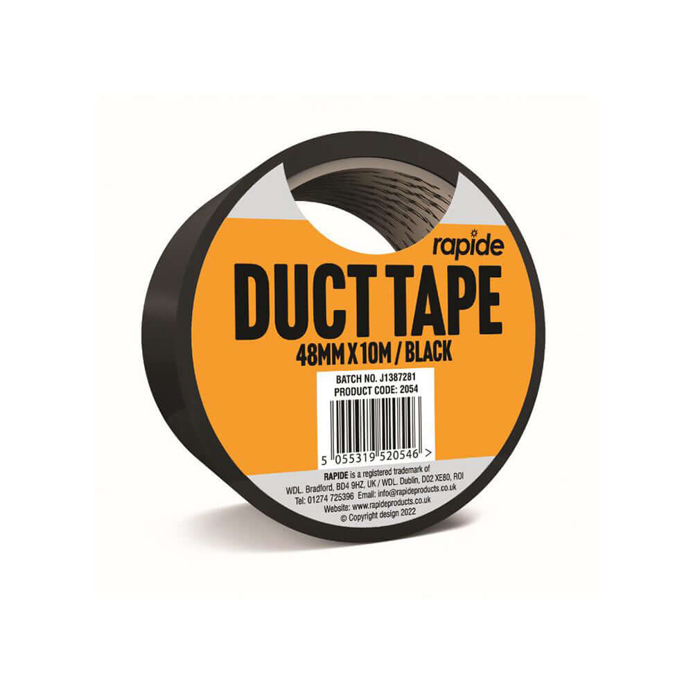BLACK DUCT TAPE 48MM x 10M roll packaging showcasing durable and versatile adhesive for repair and sealing tasks.
