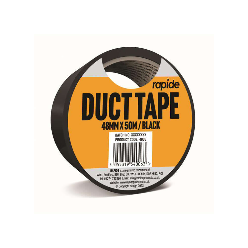 BLACK DUCT TAPE - 48MM x 50M roll showing strong adhesion, ideal for repairs and maintenance tasks.