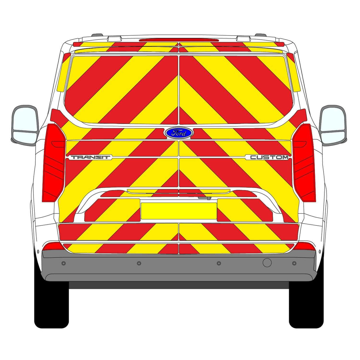 Ford Transit Custom Tailgate Chevron Kit (2023 - 2025) featuring Chapter 8 compliant reflective chevrons for safety.