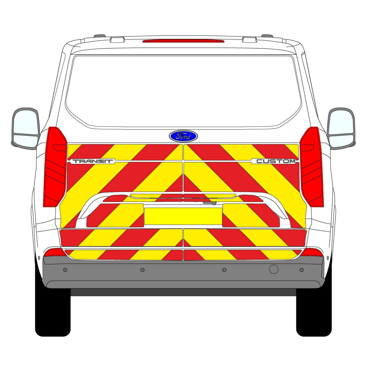 Ford Transit Custom Tailgate Chevron Kit (2023 - 2025) with Chapter 8 Reflective Chevrons for enhanced vehicle visibility.