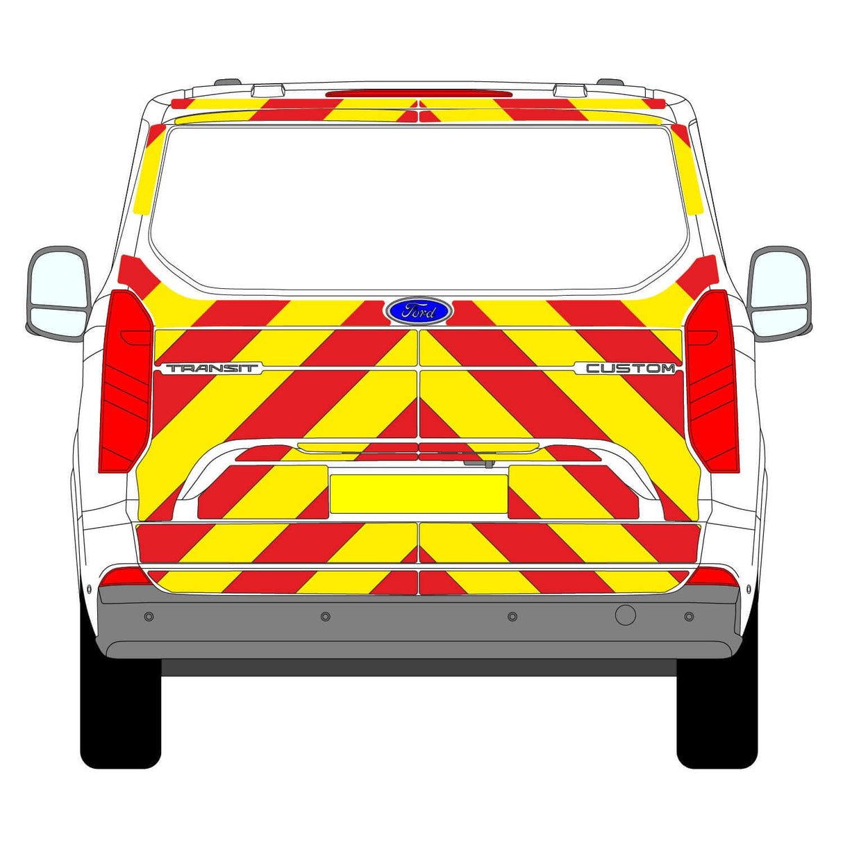 Ford Transit Custom Tailgate Chevron Kit (2023 - 2025) with Chapter 8 reflective chevrons for safety.