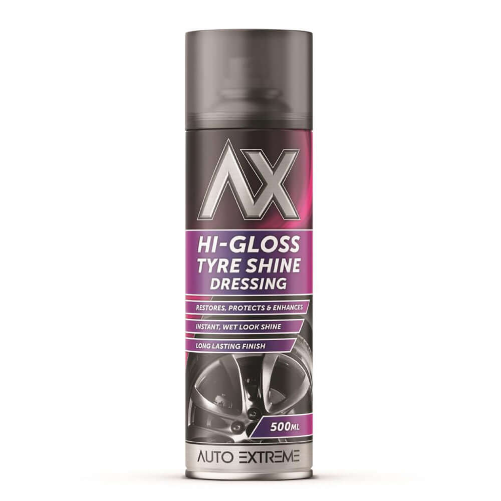 Hi Gloss Tyre Shine Dressing – 500ml can showcases fast-drying formula for sleek, long-lasting tyre shine.