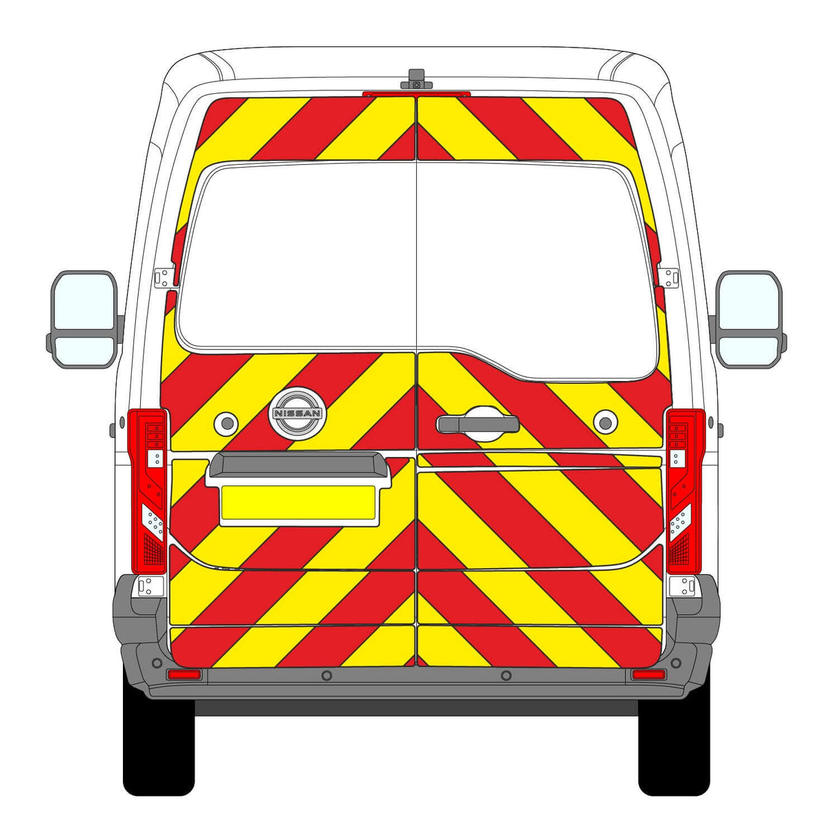 Nissan Interstar Chevron Kit (2025+) rear view with Chapter 8 reflective chevrons for enhanced vehicle visibility.