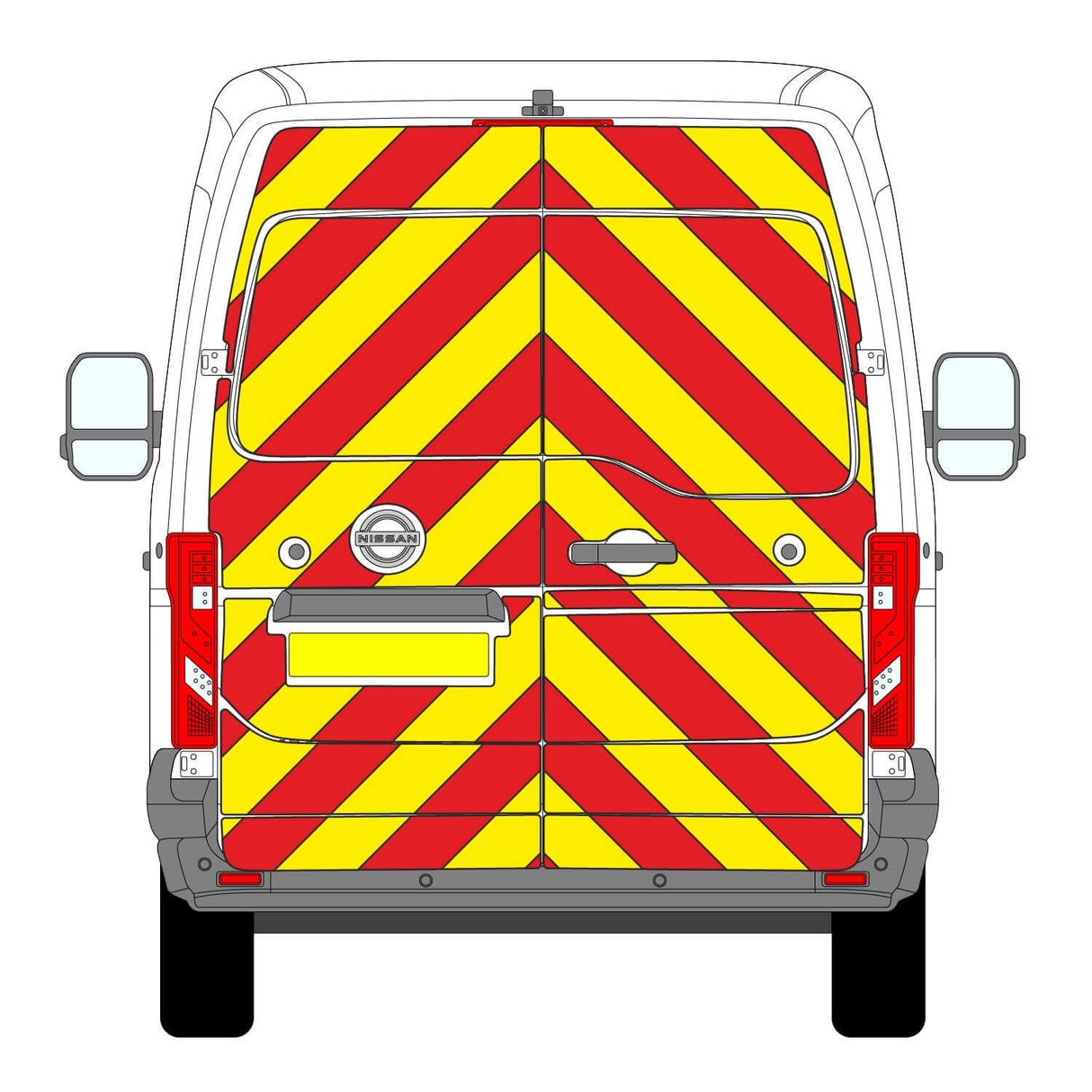 Nissan Interstar Chevron Kit (2025+) fitted on a van, featuring reflective red and yellow chevron pattern for visibility.