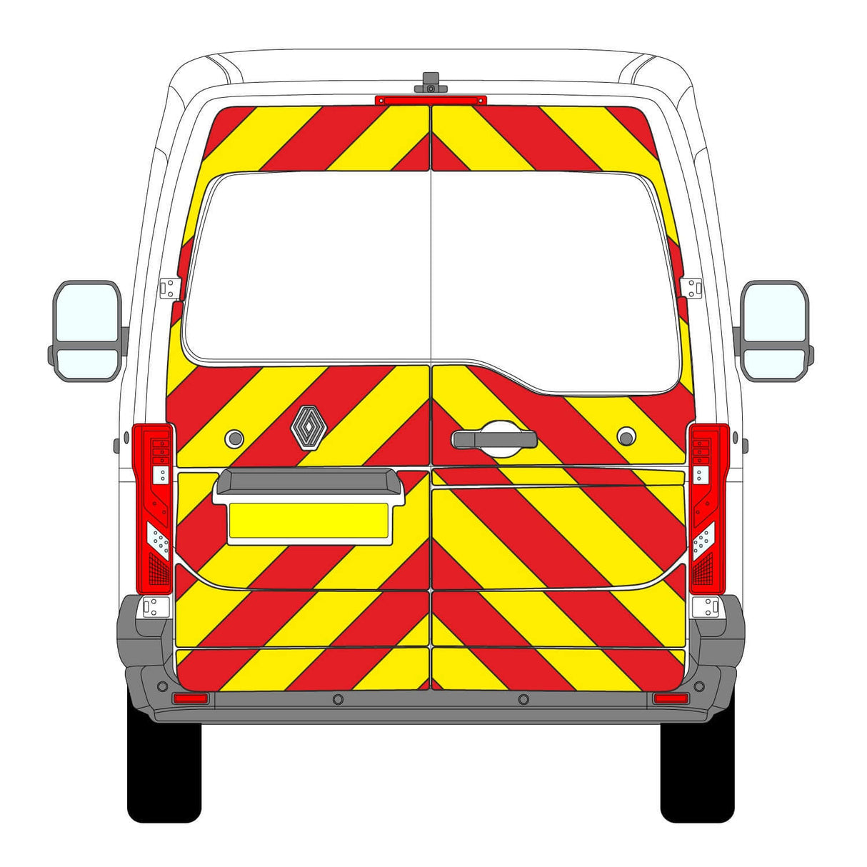 Renault Master High Roof Chevron Kit (2025+) rear view with Chapter 8 reflective chevrons for maximum visibility.