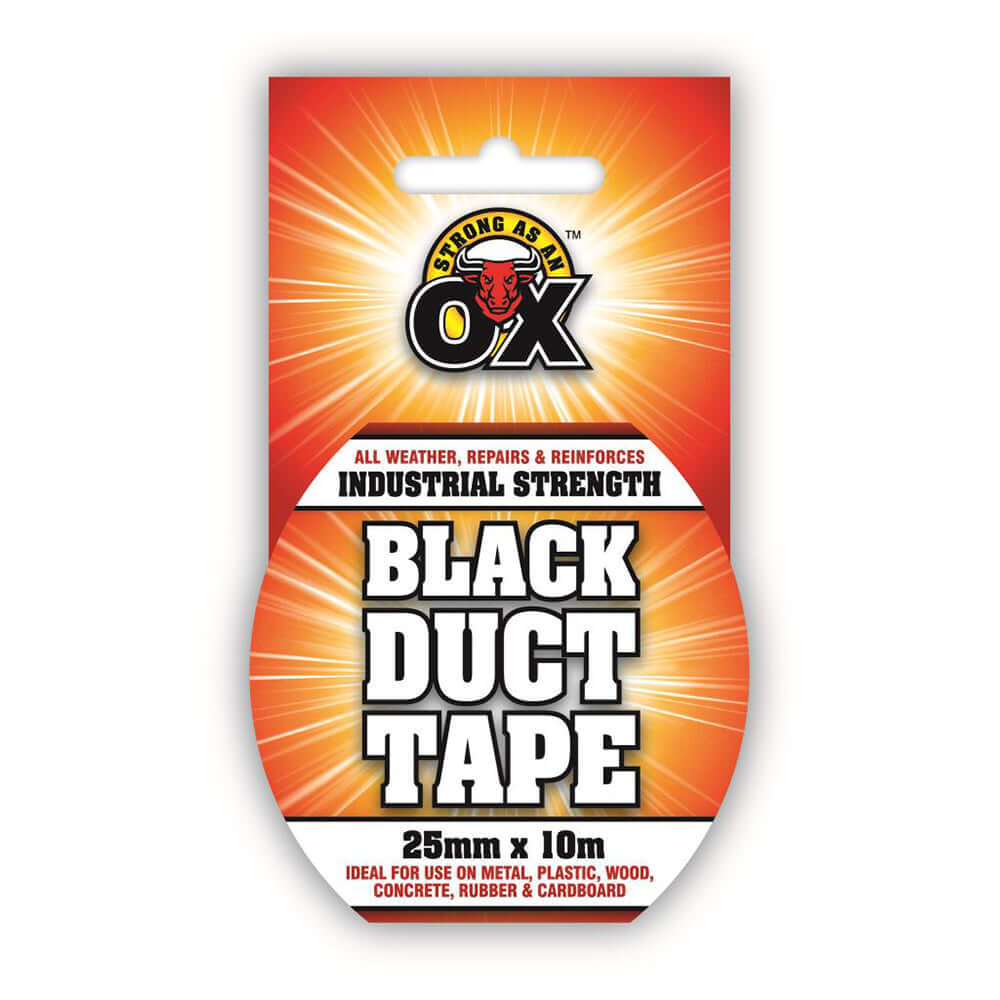 SAAO BLACK DUCT TAPE 25MM x 10M packaging showing all weather, repairs, and industrial strength features for durable use.