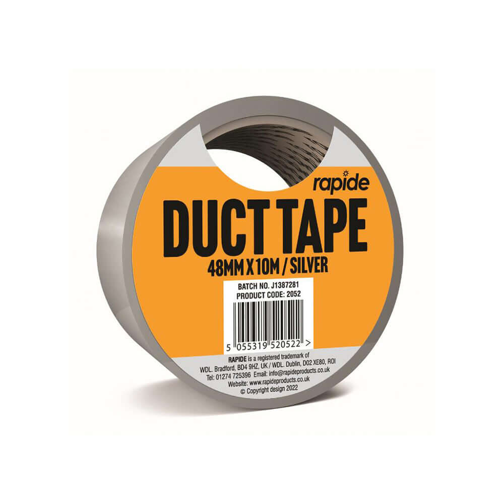 SILVER DUCT TAPE 48MM x 10M roll with strong adhesive for repairs and sealing, ideal for indoor and outdoor use.
