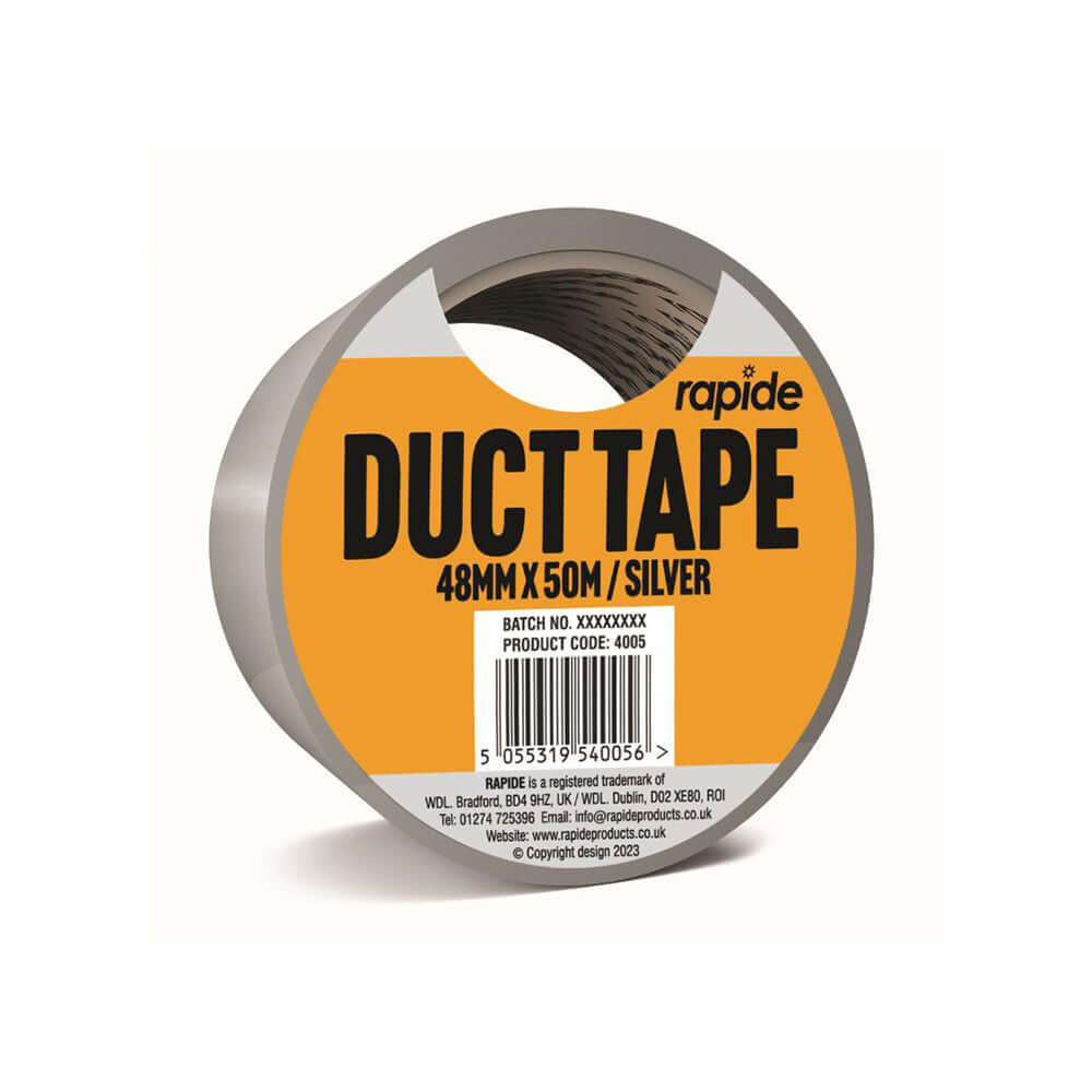 Silver Duct Tape – 48mm x 50m roll featuring strong adhesive and tear-resistant backing for versatile repairs.