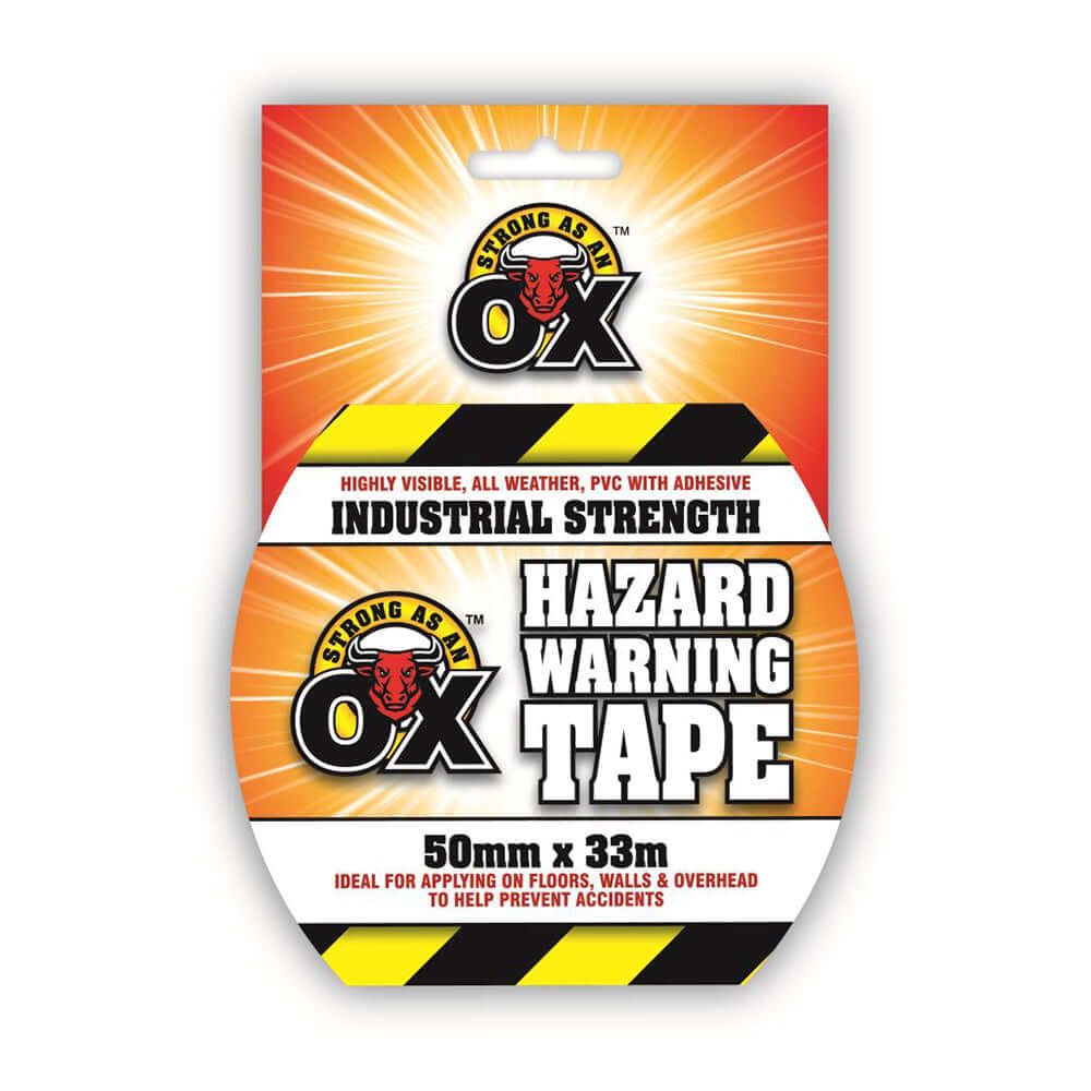 Strong As An Ox Black and Yellow Hazard Warning Tape 50mm x 33m packaging with bold hazard design