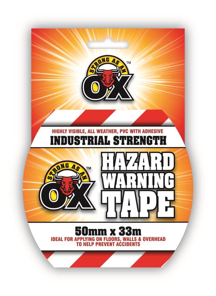 SAAO HAZARD WARNING TAPE 50MM X 33M product packaging with bold stripes for safety marking.