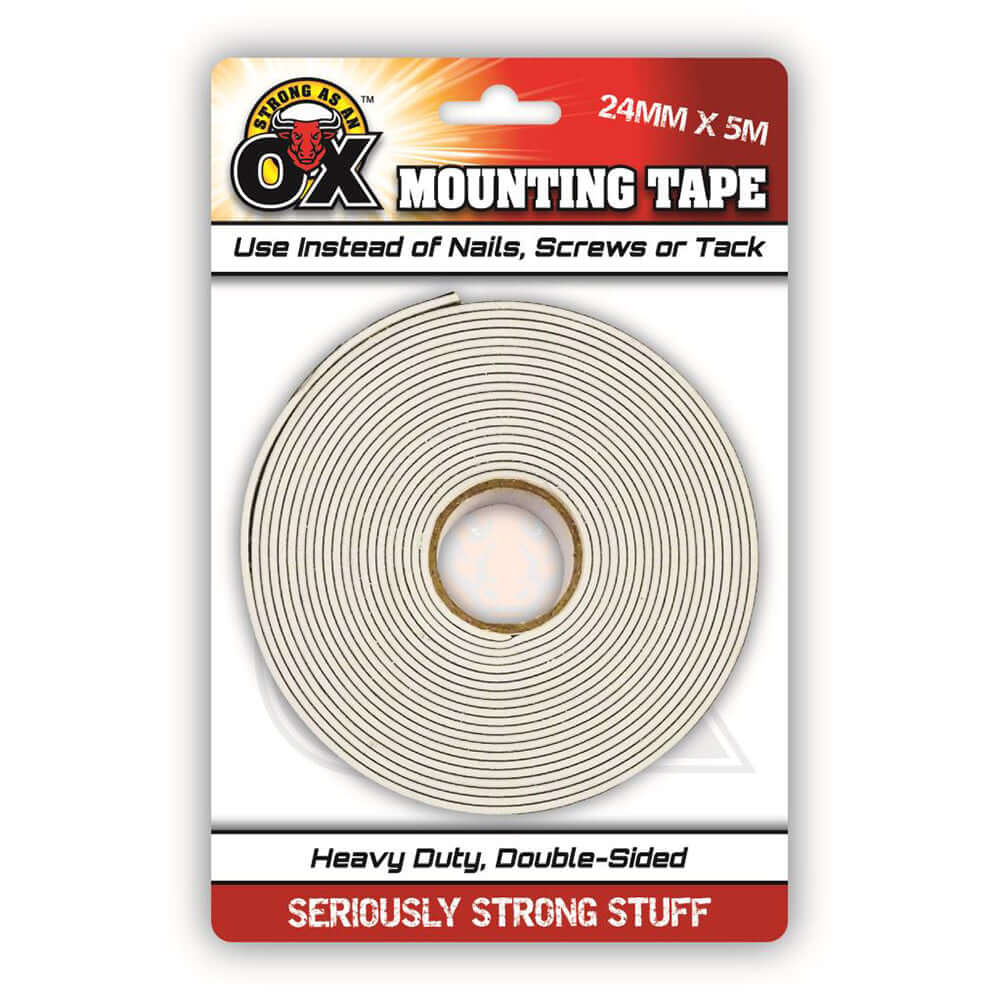 Strong As An Ox Heavy Duty Double Sided Tape on packaging, 24MM x 5M, ideal for mounting and fixing without nails.