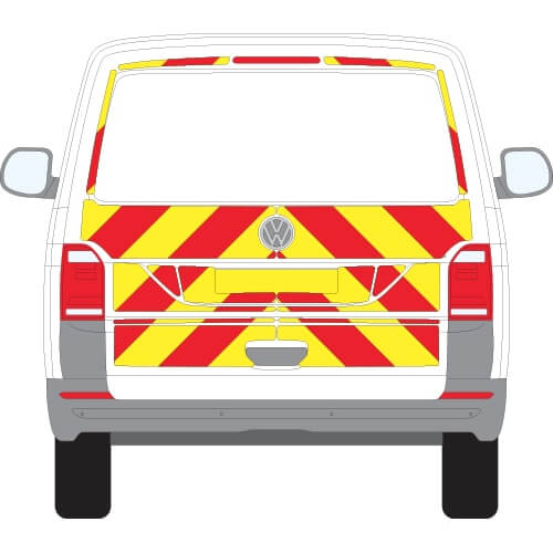 Volkswagen Transporter T7 Tailgate Chevron Kit (2025+) on rear of vehicle, featuring reflective chevrons for visibility and safety.
