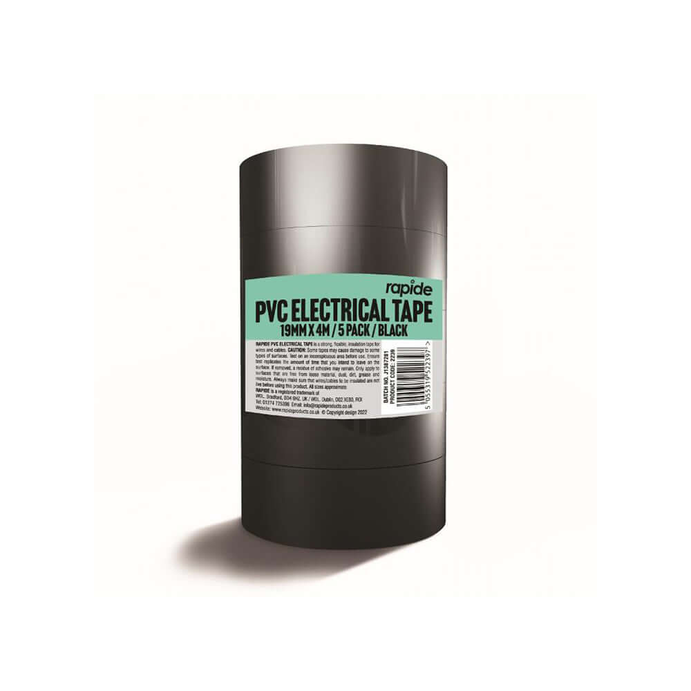 PVC Tape – Black 19mm x 4m (5 Pack) rolls for electrical insulation and general-purpose use.