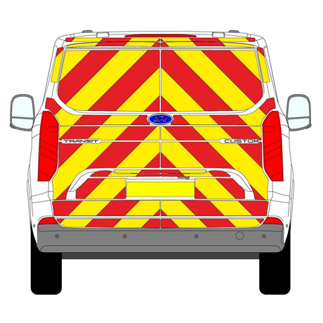 Ford Transit Custom Tailgate Chevron Kit (2023 - 2025) featuring Chapter 8 compliant reflective chevrons for safety.