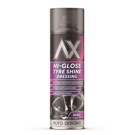Hi Gloss Tyre Shine Dressing – 500ml can showcases fast-drying formula for sleek, long-lasting tyre shine.