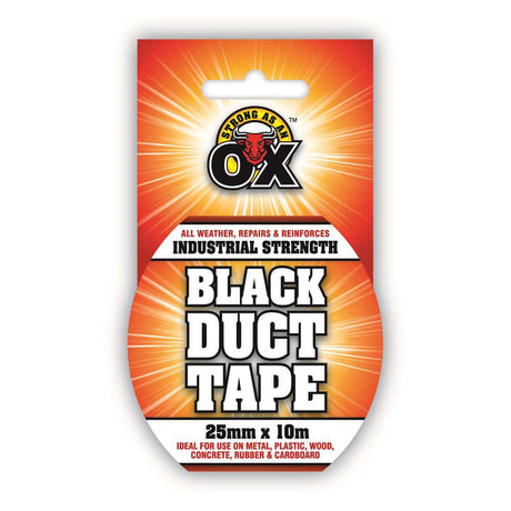 SAAO BLACK DUCT TAPE 25MM x 10M packaging showing all weather, repairs, and industrial strength features for durable use.