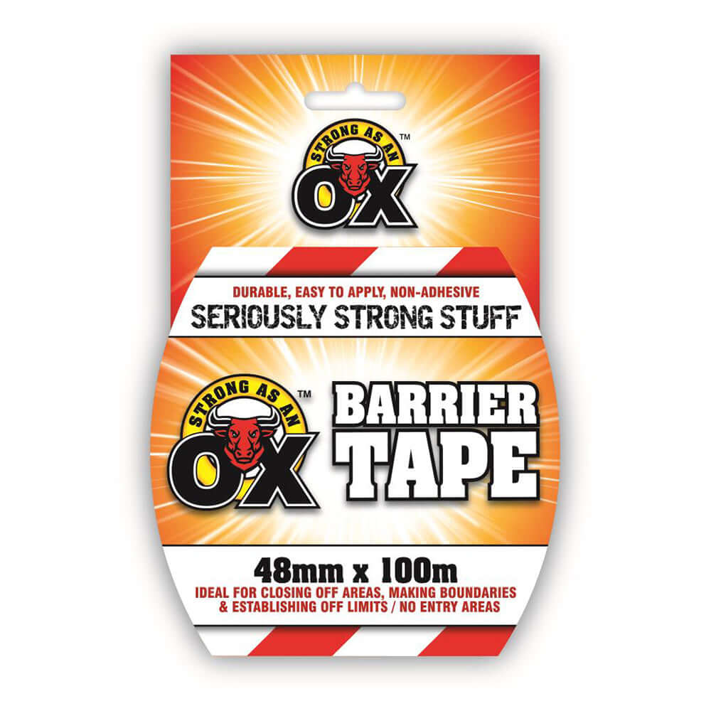 SAAO Barrier Tape – 48mm x 100m packaging, high-visibility, non-adhesive tape for marking hazardous areas.