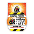 Strong As An Ox Black and Yellow Hazard Warning Tape 50mm x 33m packaging with bold hazard design