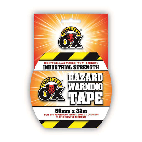 Strong As An Ox Black and Yellow Hazard Warning Tape 50mm x 33m packaging with bold hazard design