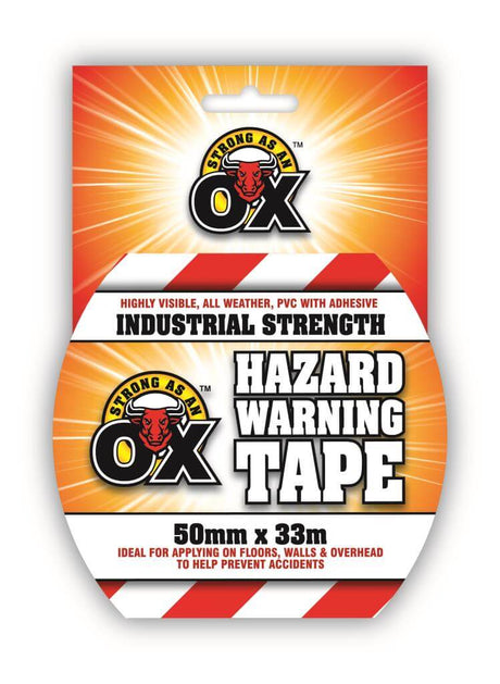 SAAO HAZARD WARNING TAPE 50MM X 33M product packaging with bold stripes for safety marking.