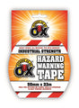 SAAO HAZARD WARNING TAPE 50MM X 33M product packaging with bold stripes for safety marking.