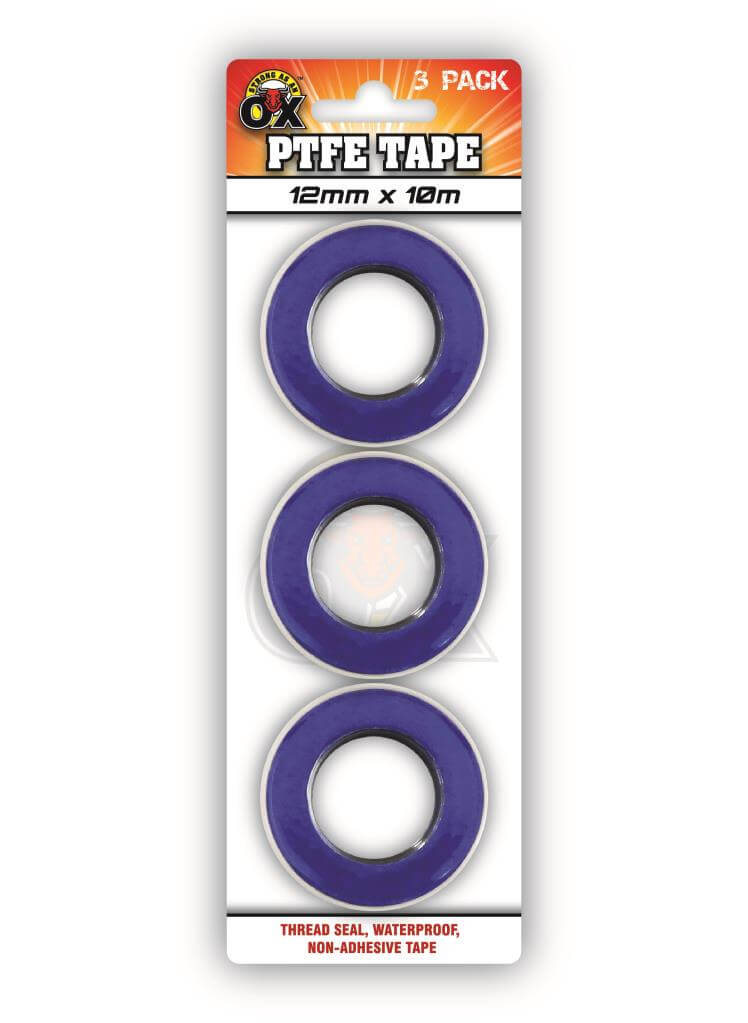 Strong As An Ox PTFE Tape – 3 Pack in Slider Case displaying three rolls of thread sealing tape.