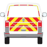 Volkswagen Transporter T7 Tailgate Chevron Kit (2025+) on rear of vehicle, featuring reflective chevrons for visibility and safety.