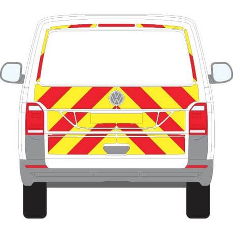 Volkswagen Transporter T7 Tailgate Chevron Kit (2025+) on rear of vehicle, featuring reflective chevrons for visibility and safety.