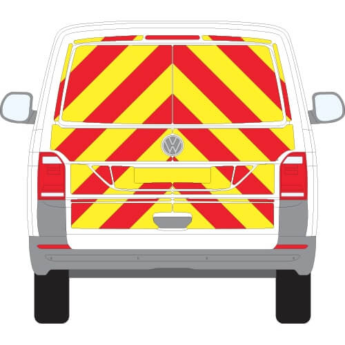 Volkswagen Transporter T7 Tailgate Chevron Kit (2025+) design with reflective chevrons in red and yellow pattern.